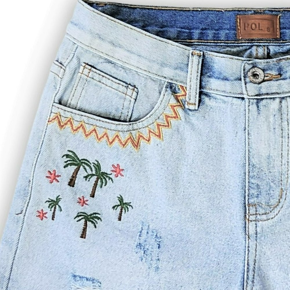 NWT POL High Rise Embroidered Distressed Fringed Rae Hem Denim Shorts - Picture 6 of 10